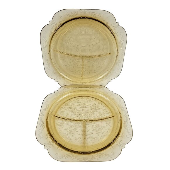 Vintage Federal Glass Amber Madrid Pattern Depression Divided Plates Set Of 2 - Picture 1 of 7